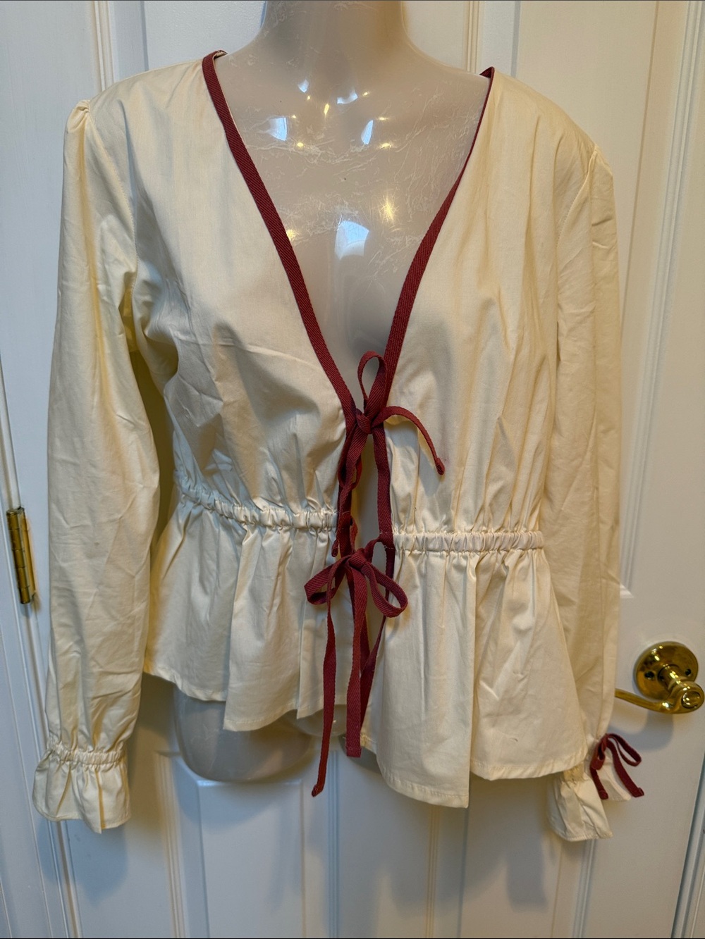 Spartina 449 cream Tie-Front Top with Burgundy Trim